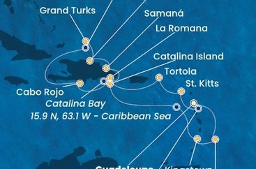 Guadeloupe, Svätý Krištof a Nevis, Britské Panenské ostrovy, Dominikánska republika, Veľká Británia, Svätý Vincent a Grenadiny, Barbados z Pointe-à-Pitre na lodi Costa Fascinosa