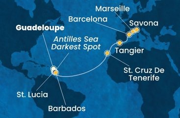 Guadeloupe, Svätá Lucia, , Barbados, Španielsko, Maroko, Francúzsko, Taliansko z Pointe-à-Pitre na lodi Costa Fascinosa