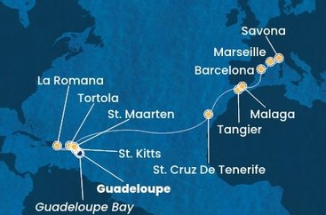 Guadeloupe, Svätý Krištof a Nevis, Britské Panenské ostrovy, Dominikánska republika, Svatý Martin, Španielsko, Maroko, Francúzsko, Taliansko z Pointe-à-Pitre na lodi Costa Fascinosa