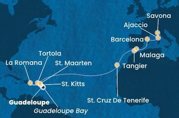 Guadeloupe, Svätý Krištof a Nevis, Britské Panenské ostrovy, Dominikánska republika, Svatý Martin, Španielsko, Maroko, Francúzsko, Taliansko z Pointe-à-Pitre na lodi Costa Fascinosa