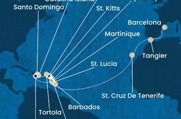 Guadeloupe, Svätý Krištof a Nevis, Jamajka, Britské Panenské ostrovy, Dominikánska republika, , Martinik, Francúzsko, Svätá Lucia, Barbados, Španielsko, Maroko z Pointe-à-Pitre na lodi Costa Fascinosa