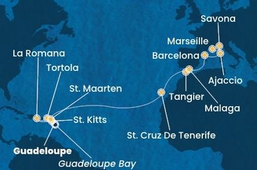 Guadeloupe, Svätý Krištof a Nevis, Britské Panenské ostrovy, Dominikánska republika, Svatý Martin, Španielsko, Maroko, Francúzsko, Taliansko z Pointe-à-Pitre na lodi Costa Fascinosa