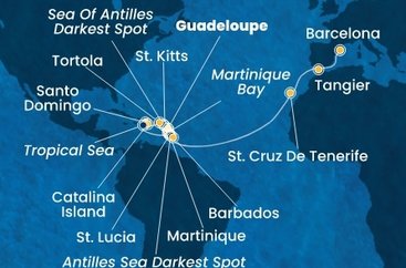 Guadeloupe, Svätý Krištof a Nevis, Britské Panenské ostrovy, Dominikánska republika, Martinik, Svätá Lucia, , Barbados, Španielsko, Maroko z Pointe-à-Pitre na lodi Costa Fascinosa