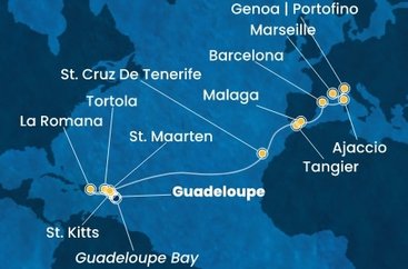Guadeloupe, Svätý Krištof a Nevis, Britské Panenské ostrovy, Dominikánska republika, Svatý Martin, Španielsko, Maroko, Francúzsko, Taliansko z Pointe-à-Pitre na lodi Costa Fascinosa
