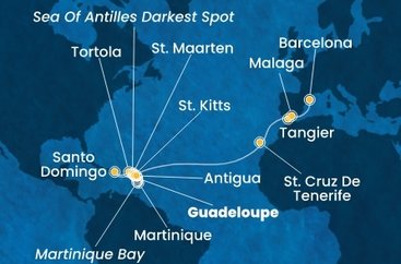 Guadeloupe, Svätý Krištof a Nevis, Britské Panenské ostrovy, Dominikánska republika, Svatý Martin, Martinik, Antigua a Barbuda, Španielsko, Maroko z Pointe-à-Pitre na lodi Costa Favolosa