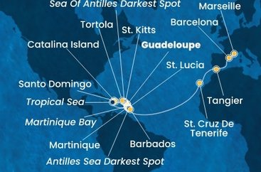 Guadeloupe, Svätý Krištof a Nevis, Britské Panenské ostrovy, Dominikánska republika, Martinik, Svätá Lucia, , Barbados, Španielsko, Maroko, Francúzsko z Pointe-à-Pitre na lodi Costa Fascinosa