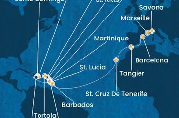 Guadeloupe, Svätý Krištof a Nevis, Jamajka, Britské Panenské ostrovy, Dominikánska republika, , Martinik, Francúzsko, Svätá Lucia, Barbados, Španielsko, Maroko, Taliansko z Pointe-à-Pitre na lodi Costa Fascinosa