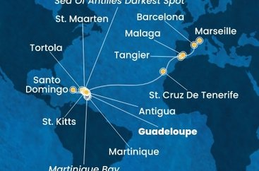 Guadeloupe, Svätý Krištof a Nevis, Britské Panenské ostrovy, Dominikánska republika, Svatý Martin, Martinik, Antigua a Barbuda, Španielsko, Maroko, Francúzsko z Pointe-à-Pitre na lodi Costa Favolosa