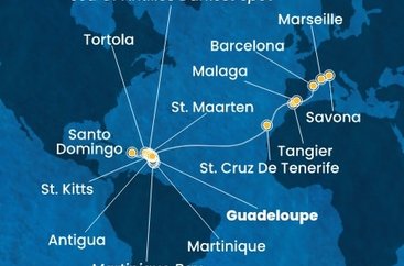 Guadeloupe, Svätý Krištof a Nevis, Britské Panenské ostrovy, Dominikánska republika, Svatý Martin, Martinik, Antigua a Barbuda, Španielsko, Maroko, Francúzsko, Taliansko z Pointe-à-Pitre na lodi Costa Favolosa