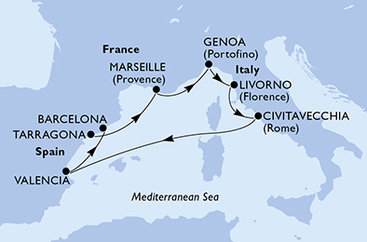 Tarragona, Francúzsko, Taliansko, Španielsko z Tarragony na lodi MSC Lirica