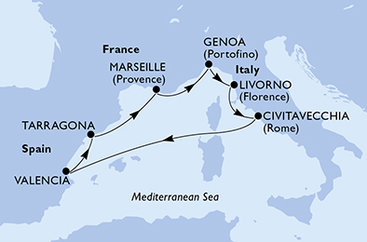 Taliansko, Španielsko, Tarragona, Francúzsko z Janova na lodi MSC Lirica