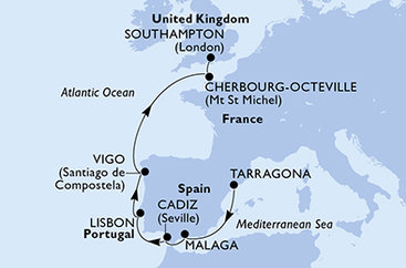 Tarragona, Španielsko, Portugalsko, Francie, Veľká Británia z Tarragony na lodi MSC Meraviglia
