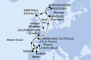 Veľká Británia, Španielsko, Francie, Nórsko zo Southamptonu na lodi MSC Meraviglia
