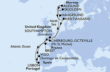 Veľká Británia, Francie, Portugalsko, Španielsko, Nórsko zo Southamptonu na lodi MSC Meraviglia