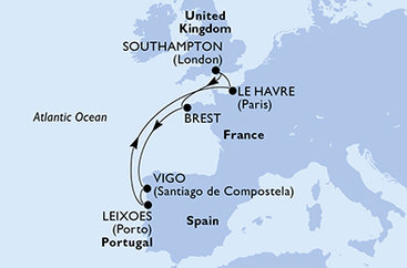 Veľká Británia, Francie, Španielsko, Portugalsko zo Southamptonu na lodi MSC Meraviglia
