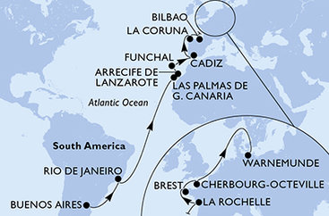 Argentína, Brazília, Španielsko, z Lanzarote, Portugalsko, Francie, Nemecko z Buenos Aires na lodi MSC Splendida
