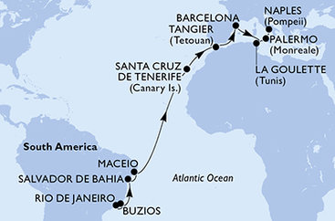 Brazília, Španielsko, Maroko, Tunisko, Taliansko z Rio de Janeira na lodi MSC Virtuosa