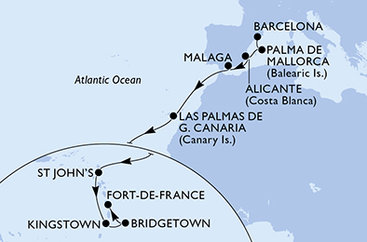 Španielsko, Antigua a Barbuda, Svätý Vincent a Grenadiny, Barbados, Martinik z Barcelony na lodi MSC World Asia
