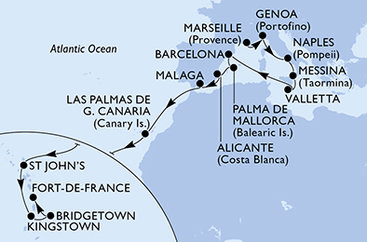 Francúzsko, Taliansko, Malta, Španielsko, Antigua a Barbuda, Svätý Vincent a Grenadiny, Barbados, Martinik z Marseille na lodi MSC World Asia