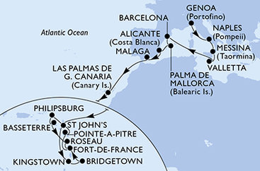 Taliansko, Malta, Španielsko, Antigua a Barbuda, Svätý Vincent a Grenadiny, Barbados, Martinik, Guadeloupe, Svatý Martin, Svätý Krištof a Nevis, Dominika z Janova na lodi MSC World Asia