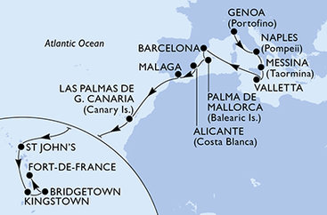 Taliansko, Malta, Španielsko, Antigua a Barbuda, Svätý Vincent a Grenadiny, Barbados, Martinik z Janova na lodi MSC World Asia