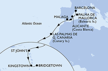 Španielsko, Antigua a Barbuda, Svätý Vincent a Grenadiny, Barbados z Barcelony na lodi MSC World Asia