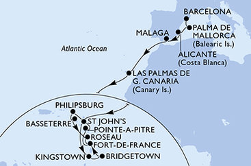 Španielsko, Antigua a Barbuda, Svätý Vincent a Grenadiny, Barbados, Martinik, Guadeloupe, Svatý Martin, Svätý Krištof a Nevis, Dominika z Barcelony na lodi MSC World Asia