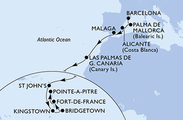 Španielsko, Antigua a Barbuda, Svätý Vincent a Grenadiny, Barbados, Martinik, Guadeloupe z Barcelony na lodi MSC World Asia