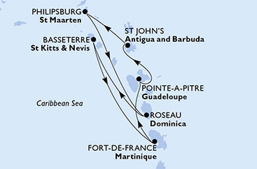 Martinik, Guadeloupe, Antigua a Barbuda, Svatý Martin, Dominika, Svätý Krištof a Nevis z Fort de France na lodi MSC World Asia