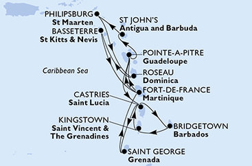 Barbados, Svätý Vincent a Grenadiny, Svätá Lucia, Grenada, Martinik, Guadeloupe, Antigua a Barbuda, Svatý Martin, Dominika, Svätý Krištof a Nevis z Bridgetownu na lodi MSC World Asia