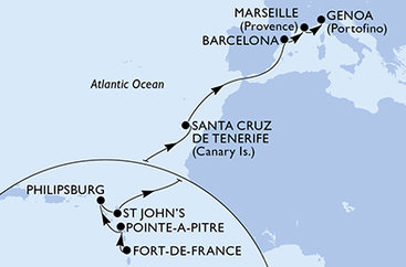 Martinik, Guadeloupe, Svatý Martin, Antigua a Barbuda, Španielsko, Francúzsko, Taliansko z Fort de France na lodi MSC World Asia