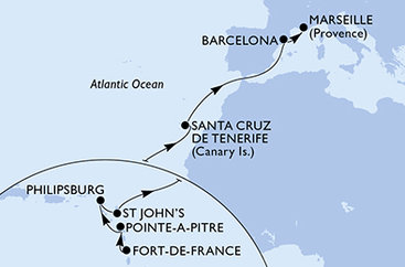 Martinik, Guadeloupe, Svatý Martin, Antigua a Barbuda, Španielsko, Francúzsko z Fort de France na lodi MSC World Asia