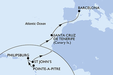 Guadeloupe, Svatý Martin, Antigua a Barbuda, Španielsko z Pointe-à-Pitre na lodi MSC World Asia