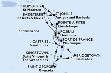Barbados, Svätý Vincent a Grenadiny, Grenada, Martinik, Guadeloupe, Svatý Martin, Antigua a Barbuda, Svätý Krištof a Nevis, Dominika, Svätá Lucia z Bridgetownu na lodi MSC World Asia