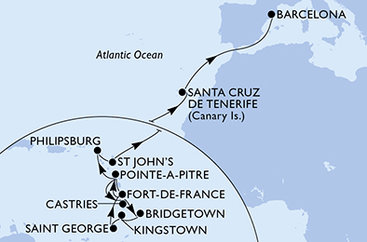 Martinik, Guadeloupe, Svätá Lucia, Barbados, Svätý Vincent a Grenadiny, Grenada, Svatý Martin, Antigua a Barbuda, Španielsko z Fort de France na lodi MSC World Asia
