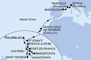 Martinik, Guadeloupe, Svätá Lucia, Barbados, Svätý Vincent a Grenadiny, Grenada, Svatý Martin, Antigua a Barbuda, Španielsko, Francúzsko, Taliansko z Fort de France na lodi MSC World Asia