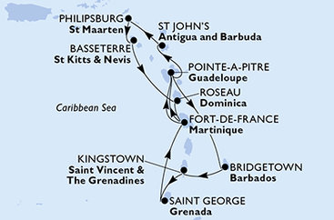 Barbados, Svätý Vincent a Grenadiny, Grenada, Martinik, Guadeloupe, Antigua a Barbuda, Svatý Martin, Svätý Krištof a Nevis, Dominika z Bridgetownu na lodi MSC World Asia