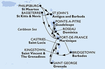 Barbados, Svätý Vincent a Grenadiny, Svätá Lucia, Grenada, Martinik, Guadeloupe, Dominika, Svatý Martin, Antigua a Barbuda, Svätý Krištof a Nevis z Bridgetownu na lodi MSC World Asia