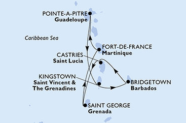Martinik, Guadeloupe, Svätý Vincent a Grenadiny, Barbados, Svätá Lucia, Grenada z Fort de France na lodi MSC World Asia