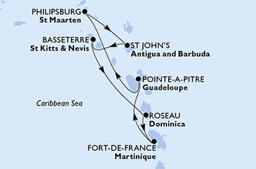 Guadeloupe, Svatý Martin, Antigua a Barbuda, Svätý Krištof a Nevis, Dominika, Martinik z Pointe-à-Pitre na lodi MSC World Asia