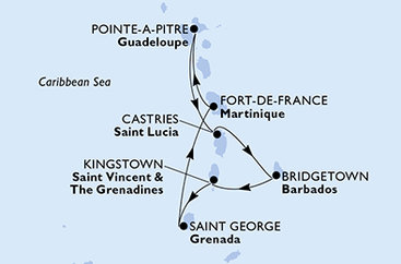 Guadeloupe, Svätá Lucia, Barbados, Svätý Vincent a Grenadiny, Grenada, Martinik z Pointe-à-Pitre na lodi MSC World Asia