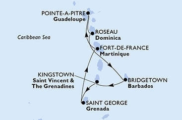 Guadeloupe, Dominika, Barbados, Svätý Vincent a Grenadiny, Grenada, Martinik z Pointe-à-Pitre na lodi MSC World Asia