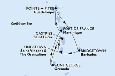Guadeloupe, Barbados, Svätý Vincent a Grenadiny, Svätá Lucia, Grenada, Martinik z Pointe-à-Pitre na lodi MSC World Asia