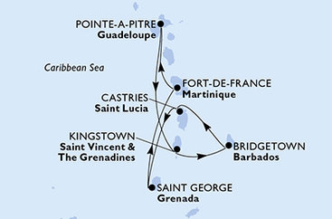 Guadeloupe, Svätý Vincent a Grenadiny, Barbados, Svätá Lucia, Grenada, Martinik z Pointe-à-Pitre na lodi MSC World Asia