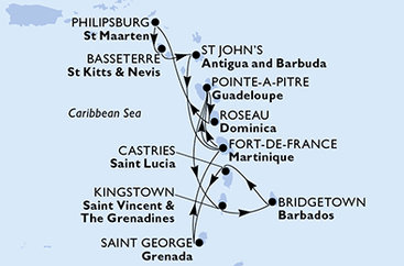 Barbados, Svätá Lucia, Grenada, Martinik, Guadeloupe, Dominika, Svatý Martin, Svätý Krištof a Nevis, Antigua a Barbuda z Bridgetownu na lodi MSC World Asia