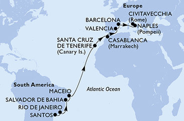 Brazília, Španielsko, Maroko, Taliansko zo Santosu na lodi MSC Divina