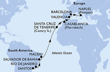 Brazília, Španielsko, Maroko, Taliansko zo Santosu na lodi MSC Divina
