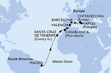 Brazília, Španielsko, Maroko, Taliansko z Maceia na lodi MSC Divina