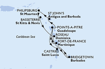 Barbados, Martinik, Guadeloupe, Antigua a Barbuda, Svatý Martin, Svätý Krištof a Nevis, Dominika, Svätá Lucia z Bridgetownu na lodi MSC World Asia