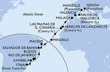 Brazília, Kapverdy, Španielsko, z Lanzarote, Francúzsko, Taliansko na lodi MSC Musica